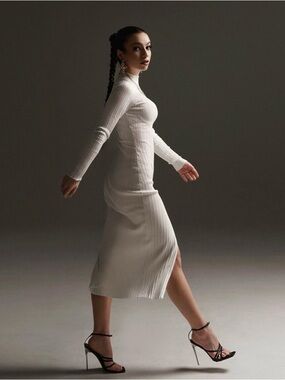 Aritzia Cream Ribbed Long-Sleeve Midi Dress with Side Slit